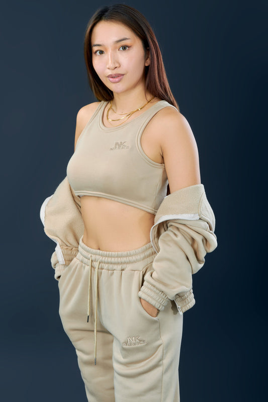 Beige, 3 piece Crop Tank Top High Waist Yoga Sweat pants and hoodie  neeks fashion